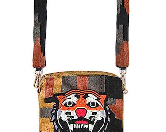 Roaring Tiger Box Bag Purse with Removable Strap / Beaded / Zipper Closure / Handmade Seed Beads / Gold Hardware / Gifts for Her / Crossbody