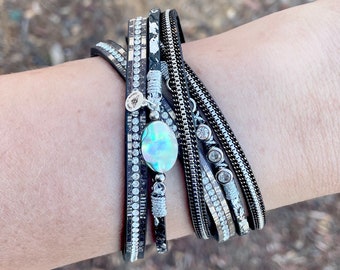 Mother Of Pearl Magnetic Bracelet / Black Multi Strand / Boho Bohemian / Stackable Arm Candy Stack / Faux Leather / Gifts Her / Rhinestone