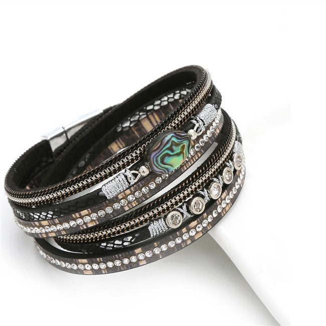 ブレスレット BLACKPURPLE Smiley Stone Chain Bracelet BMH1332 Mother of Pearl Magnetic Bracelet / Black Multi Strand