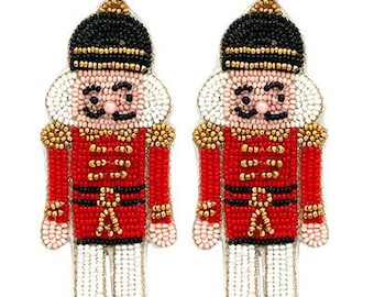 Nutcracker Earrings / Christmas Jewelry / Seed Bead / Statement Earring / Gold Red / Stocking Stuffer / Gifts for Her / Trendy / Nutcrackers