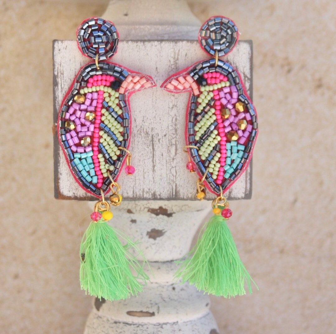 Beaded Bird Earrings / Feather / Beach Statement Jewelry / Etsy