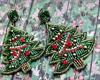 Christmas Tree Seed Bead Earrings / Christmas Holiday Earrings / Gifts Her / Tacky Christmas Sweater / Fun Jewelry / Gifts for Her / XMAS