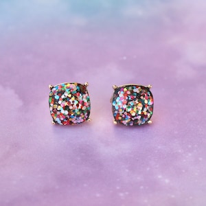 Chunky Glitter Studs / Square Round / Statement Earrings / Choose Color / No Shed Sparkle Stud Earring / Lead Nickel Free / Gold Hardware