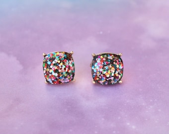 Chunky Glitter Studs / Square Round / Statement Earrings / Choose Color / No Shed Sparkle Stud Earring / Lead Nickel Free / Gold Hardware