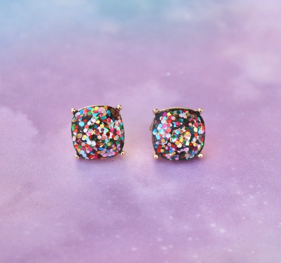 Chunky Glitter Studs / Square Round / Statement Earrings / Choose 