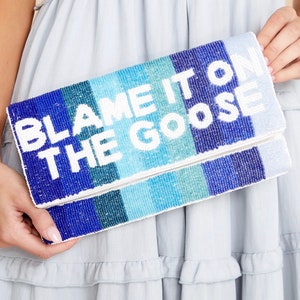 Blame It On The Goose Beaded Clutch Purse / Grey Goose Vodka / Blue Striped / Snap Closure / Silver Chain Shoulder Strap / Seed Beads / Gift