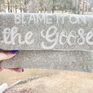 Blame It On The Goose Beaded Clutch Purse / Grey Goose Vodka / Blue Striped / Snap Closure / Silver Chain Shoulder Strap / Seed Beads / Gift
