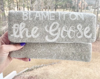 Blame It On The Goose Beaded Clutch Purse / Grey Goose Vodka / Blue Striped / Snap Closure / Silver Chain Shoulder Strap / Seed Beads / Gift