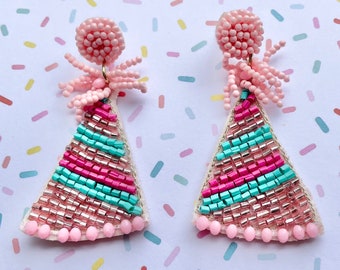 Birthday Hat Seed Bead Earrings / Choose Color / Happy Birthday Apparel Jewelry / Feliz Cumpleaños / Fun Kitschy Statement Jewelry / Gift