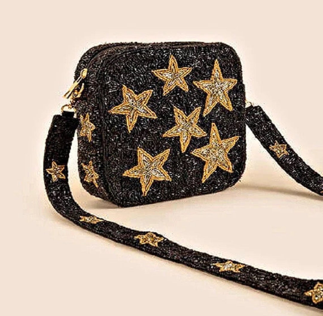 Black Gold Box Bag Purse Stars / Beaded / Zipper Closure Black Gold Box Bag Purse Stars / Beaded / Zipper Closure