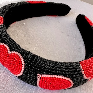 Heart Headband / Beaded / Seed Bead / Valentines Day / Black Red Ivory Gold / Gifts for Her / VDay / Hearts