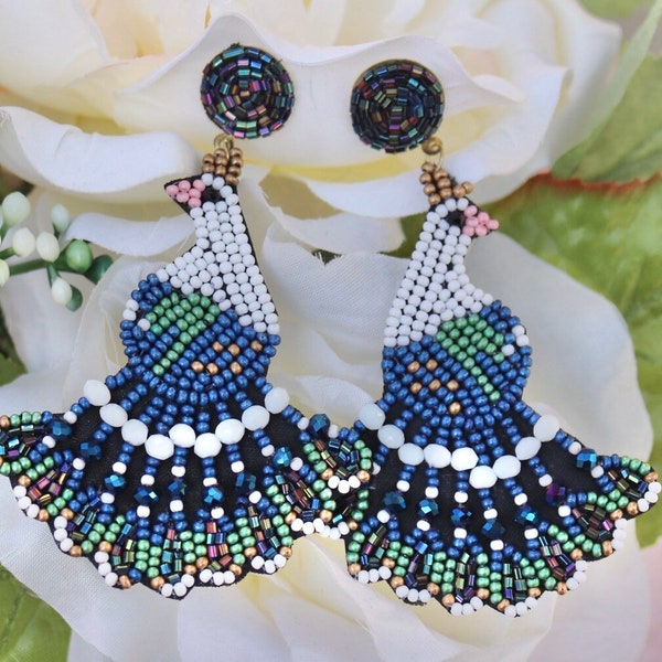 Beaded Peacock Earrings / Large Statement Jewelry / Gifts for Her / Multicolor Large Big Earring / Peacocks / Bird Earrings / Unique Jewelry