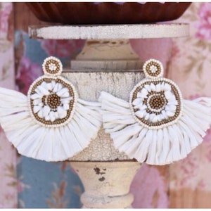 Raffia Fan Earrings with Beaded Accents / Choose Your Color / Stone Shell Stud / Bohemian Summer Earrings / Jewelry Gifts for Her