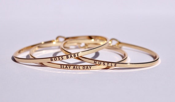 Boss Babe Gold Engraved Bangle Bar Necklace / Hustle / Slay