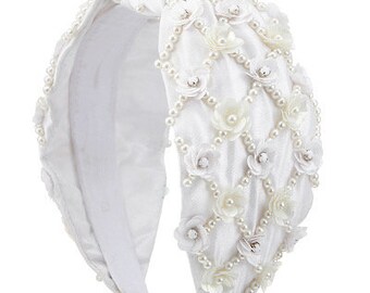 White Headband / Knot Top / Pearl Flower / Spring Beaded 