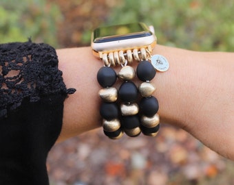 Beaded Watch Band / Compatible with Apple / 38mm or 40mm / Smart Watch Stretch Bracelet / Magnetic / Black Matte Pearl Gold Bead / Gift