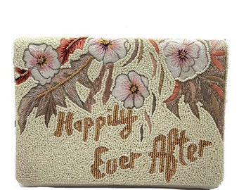 Beaded Happily Ever After Clutch Purse / Snap Closure / Chain Shoulder Strap / Seed Bead / Wedding Gift / Bachelorette Gift / Mixed Metals