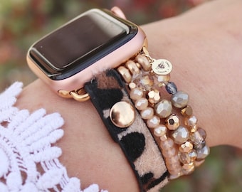 Beaded Leopard Watch Band / Compatible with Apple / 38mm 40mm 41mm / Smart Watch Stretch / IWatch Gift / Four Layer / Animal Print Gold