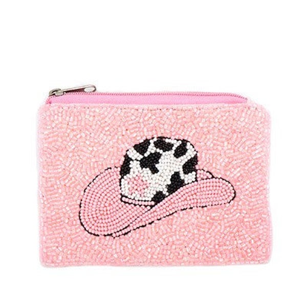 Pink White Cowgirl Hat Beaded Coin Pouch / Purse / Cow Print / Cowboy / White Black / Zipper Closure / 5” / Gifts for Her / Nashville Bag