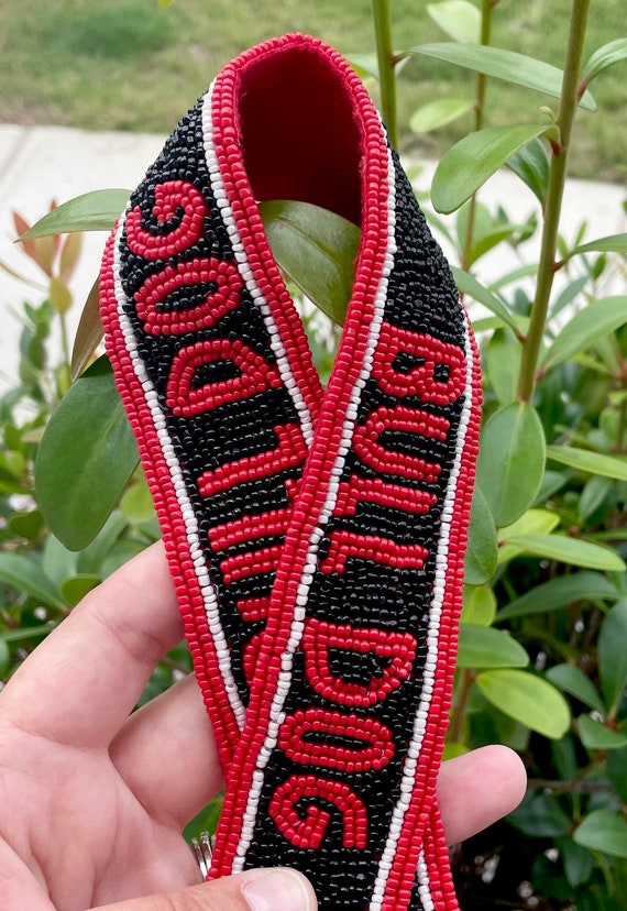 Black Red Striped Clutch Purse | Twine and Love  Red and Black Striped Beaded Crossbody Strap RED display picture 1