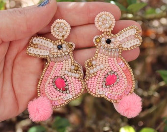 Bunny Earrings / Large Statement Earring / Rabbit / Pink Brown Seed Bead Pom Pom Rhinestone / Easter Jewelry / Gifts for Her / Gifts for Her