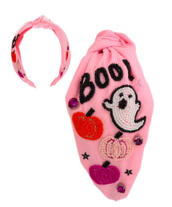 BOO Halloween Headband / Rhinestone Seed Bead Beaded / Ghost 