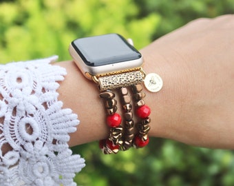 Banda de reloj con cuentas / Compatible con Apple / 38 mm 40 mm 42 mm 44 mm / Cuentas de oro marrón rojo / Piedra de chip / Pulsera elástica de reloj inteligente / Personalizado