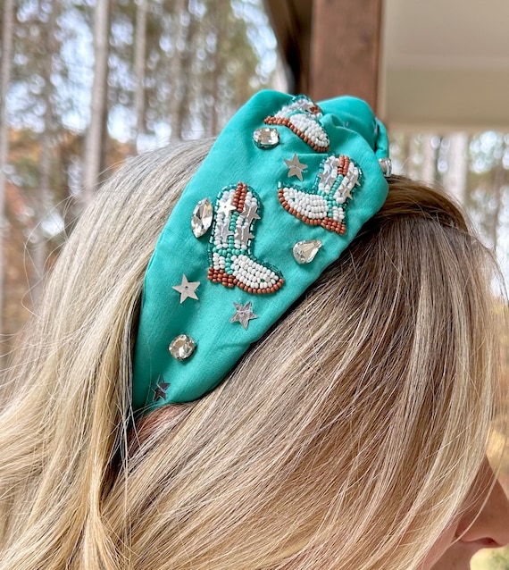 ?TURQUOISE GREEN KNOTTED HEADBAND WITH GOLD PLATED CHRYSTALS Twine and Love | Shimmer Jeweled Knot Headband | Custom Headband main image 4