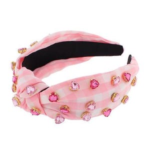 Pink Plaid Heart Headband / Crystal Rhinestone Knot Knotted Headbands / Gift for Her / Valentine’s Day Breast Cancer Awareness Hearts