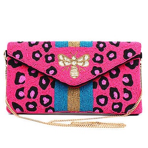 Bolso clutch de leopardo de abeja / rosa azul verde marrón / cierre rápido / correa de hombro de cadena / cuentas de semillas / regalos para ella / único / abeja reina