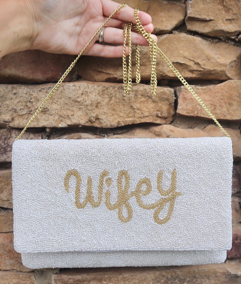 Beaded Wifey Bride Mrs Clutch Purse / Snap Closure / Chain Shoulder Strap / Seed Beads / Wedding Gift / Unique / Bachelorette Gift / Wedding image 5