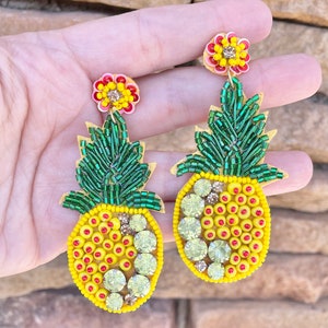 Pineapple Earrings / Seed Bead Rhinestones Feather / Fruit Jewelry / Statement Earrings / Summer Beach Jewelry / Kitschy Piece / Gifts Her