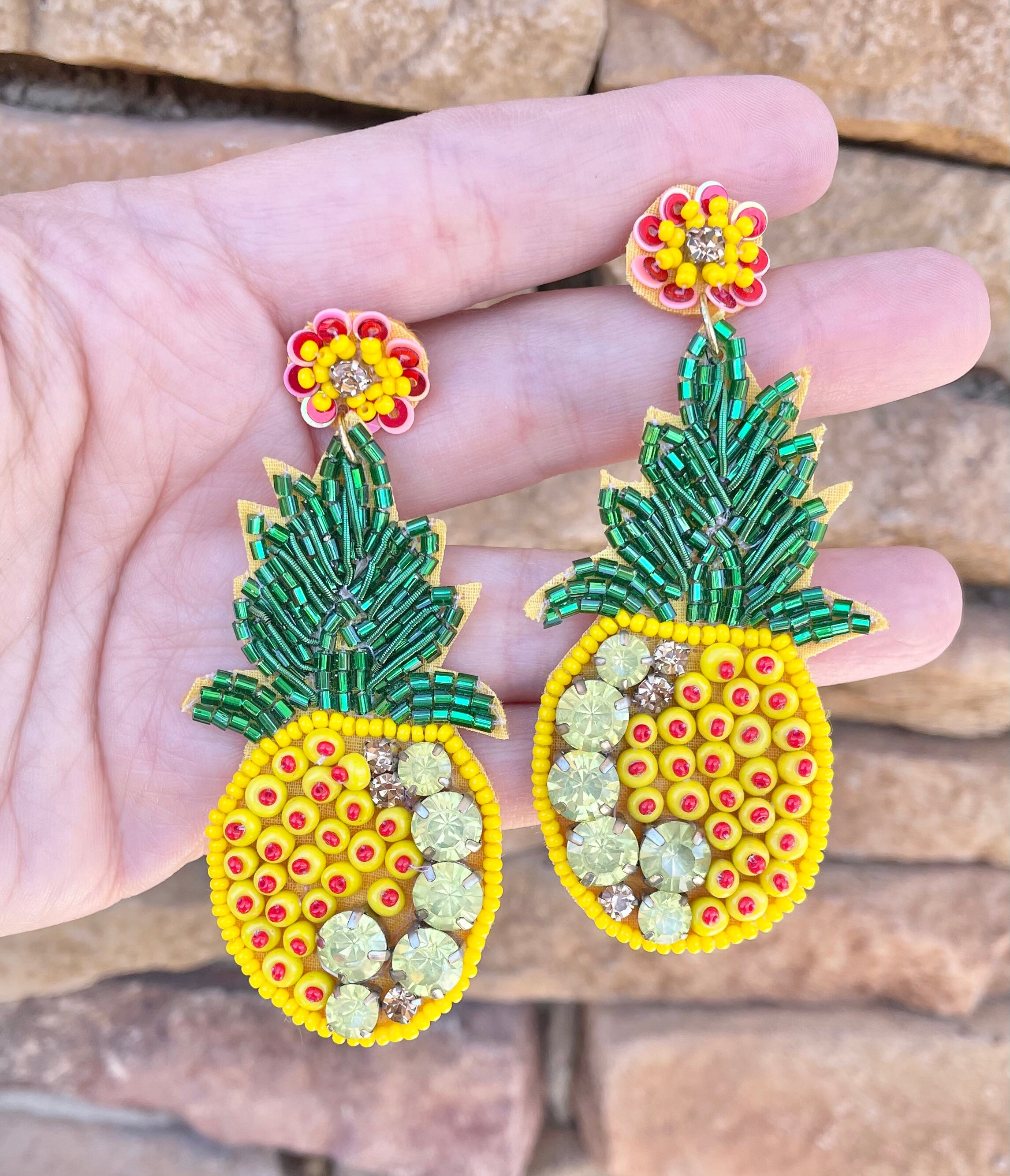 Pineapple Earrings Seed Bead Rhinestones Feather Fruit Jewelry Statement Earrings Summer Beach Jewelry Kitschy Piece Gifts Her