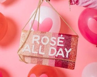 Rose All Day Beaded Clutch Purse /Pink Striped / Snap Closure / Gold Chain Shoulder Strap / Seed Beads / Unique Gift / White Rosé