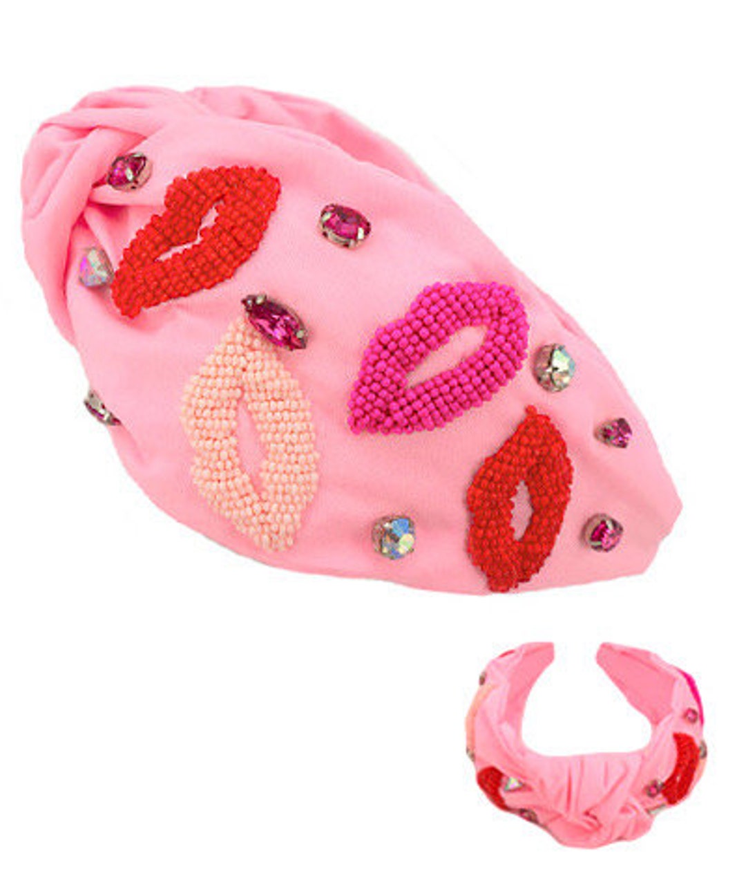 Pink Red Lip Headband / Seed Bead Crystal Rhinestone Knot Knotted Top