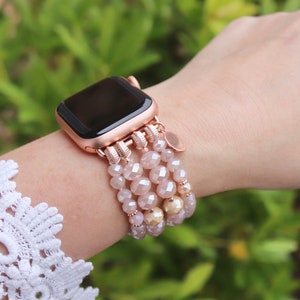 Beaded Watch Band / Compatible with Apple / 38mm 40mm 41mm / Faceted Beads / Smart Watch Stretch Bracelet / Rose Gold Black Choose Color
