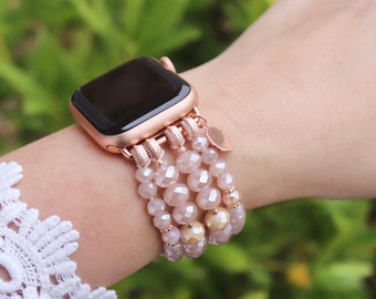 Beaded Watch Band / Compatible with Apple / 38mm 40mm 41mm / Faceted Beads / Smart Watch Stretch Bracelet / Rose Gold Black Choose Color