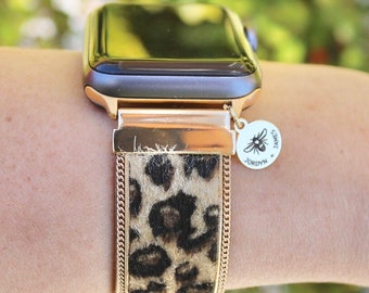 Apple Watch Band / 42mm 44mm 45mm / Cheetah Leopard Snakeskin Animal Print / Faux Leather / Chain Trim / Smart Watch Bracelet / One Size