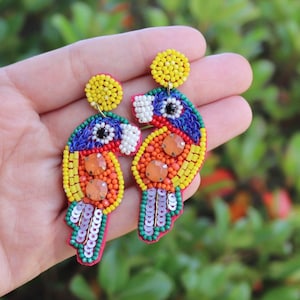 Beaded Parrot Earrings with Round Post / Beach Statement Jewelry / Summer Vacation / Tropical / Bird / Gifts for Her / Acrylic Multicolor
