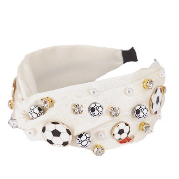 Soccer Headband / Game Day Beaded Rhinestone Pearl Jewel / Twist Top / Ivory White Black / Gameday Apparel / Gifts for Her / Head Band