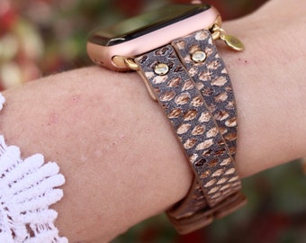 スネークスキンレザーウォッチバンド / Apple対応 厚手クリスクロス / ブラウン ブラック ゴールドハードウェア / 本革 / 38 mm 40 mm 41 mm スマート