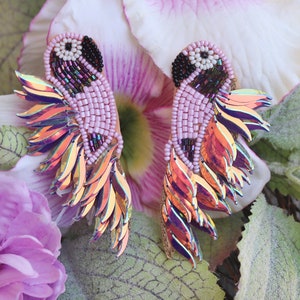 Beaded Parrot Earrings / Iridescent Beading / Large Beach Statement Jewelry / Summer Vacation / Tropical / Bird / Gifts for Her / Kitschy