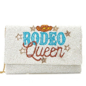 RODEO QUEEN Monedero de embrague con cuentas / Rodeos / Cierre a presión / Correa de hombro de cadena cruzada / Traje de rodeo / Cuentas de semillas de vaquera / Regalo / Caballos