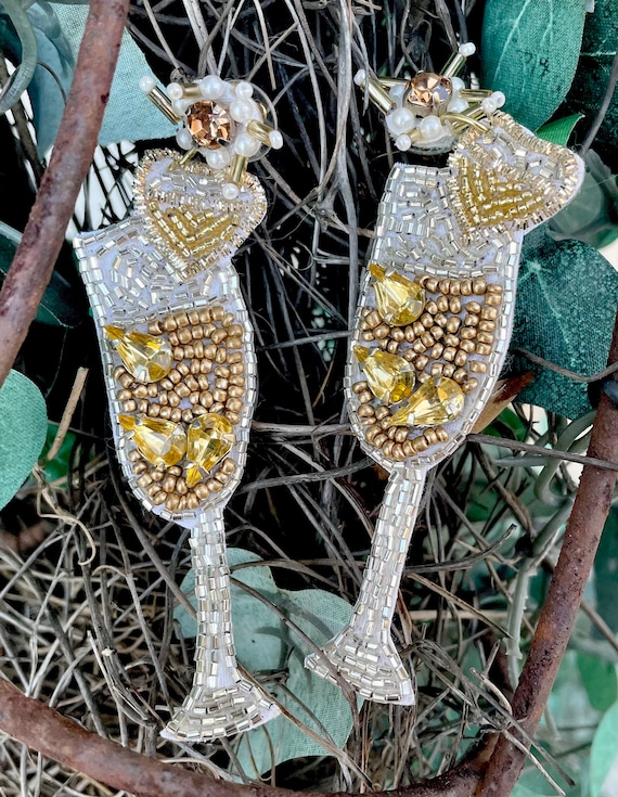 Champagne Bottle Earrings Diamond Garnish Engagement Party Gift Kitschy Statement Jewelry Rhinestones Seed Beads Wedding Statement