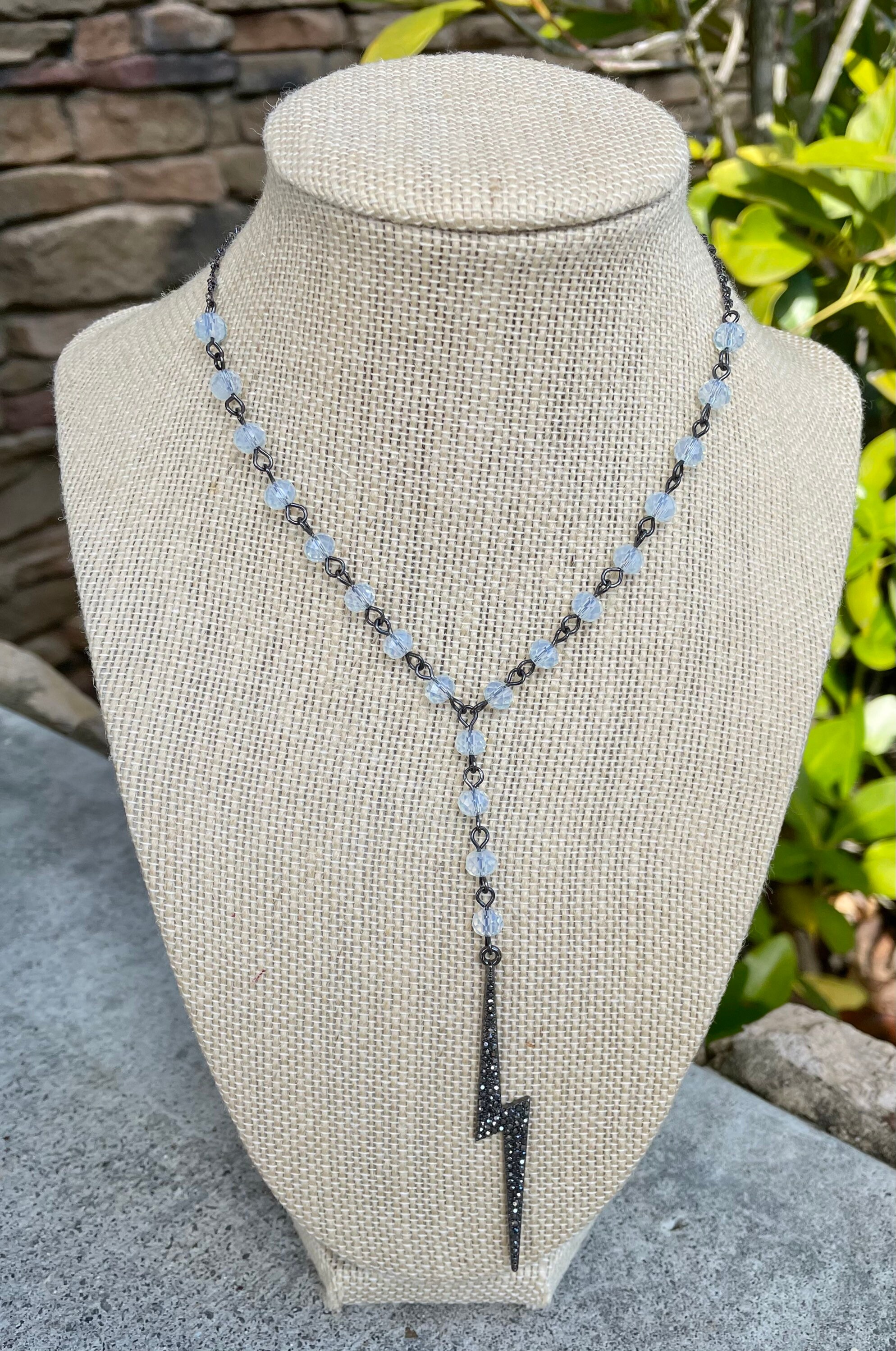 Beaded Y Choker Necklace Lightning Bolt Faceted Beads Layered Gold Bohemian Adjustable Black or White Gifts for Her