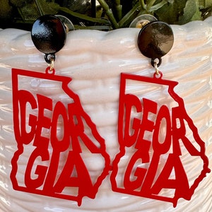 Brincos de mapa da Geórgia Alabama / Bulldogs Roll Tide / Joias de vestuário para dias de jogo / Estádio / Espírito de equipe / Dawgs / Metal / Dawgs