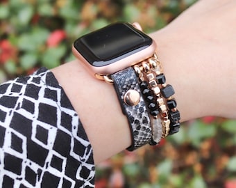 Beaded Animal Print Watch Band / Compatible with Apple / 38mm 40mm / Smart Watch Stretch Bracelet / IWatch Gift / Four Layer / leopard Snake