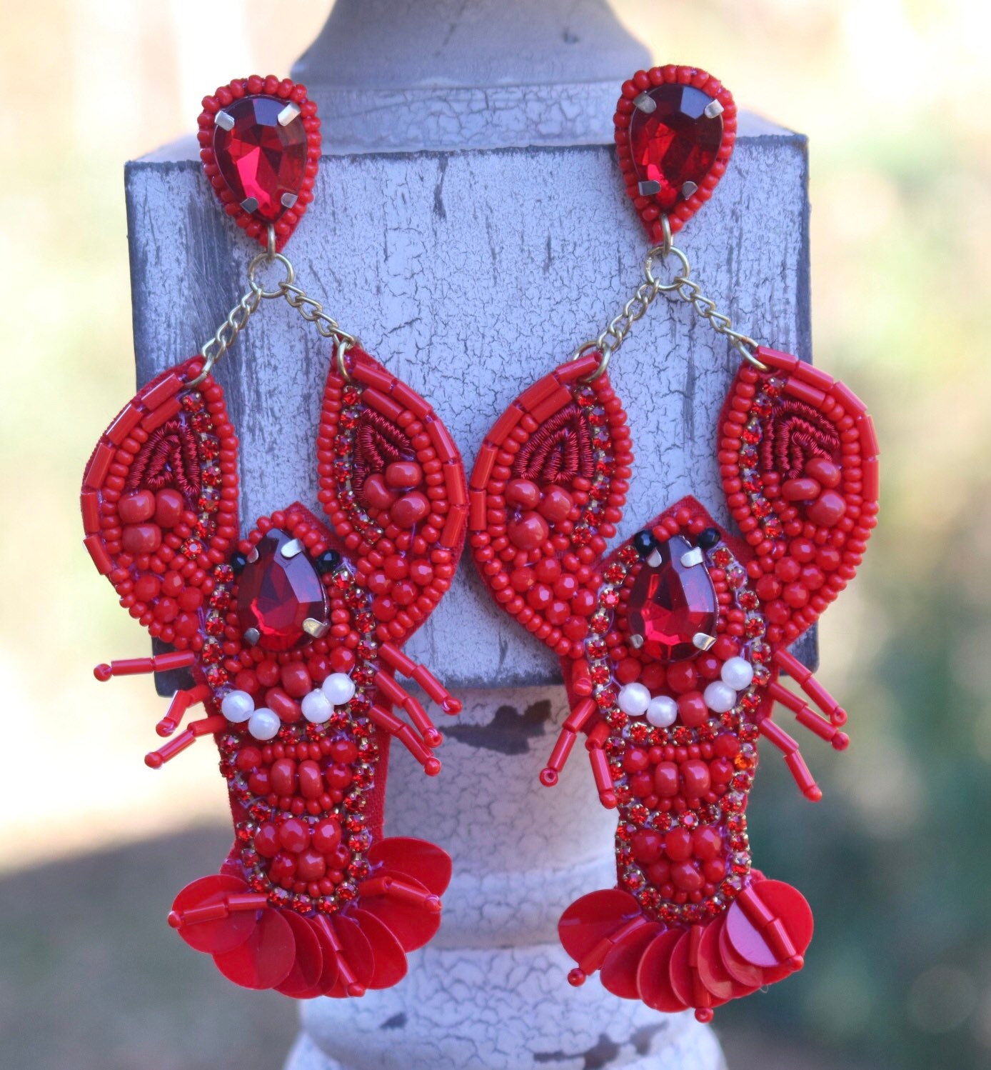 Beaded Lobster Tassel Earrings Teardrop Post Large Beach