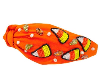 Candy Corn Halloween Headband / Rhinestone Seed Bead Beaded / Trick Treat Knot Top / Kitschy / Black Orange Yellow Gift Statement Accessory