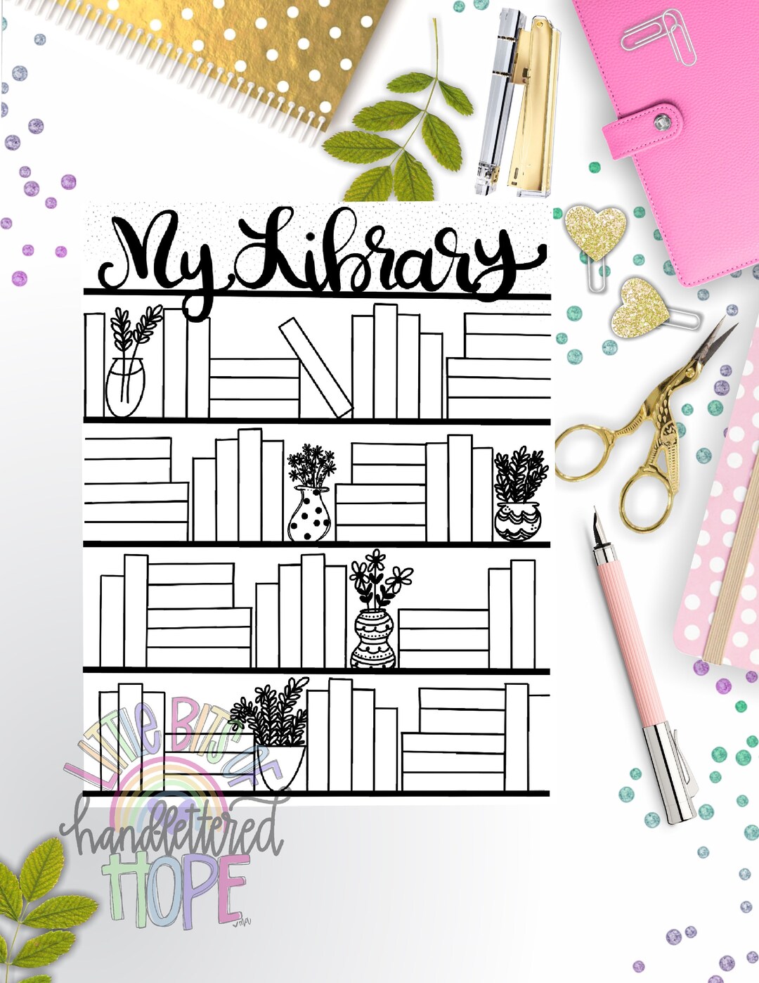 My Library Bookcase Printable Original Hand-lettered Design - Etsy